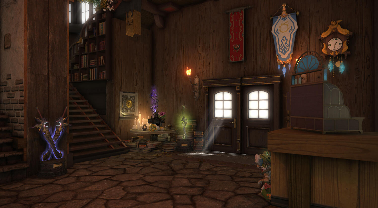 The shop counter inside Melchior’s Forge, with a brass clock, banners, and spears displayed behind the register.