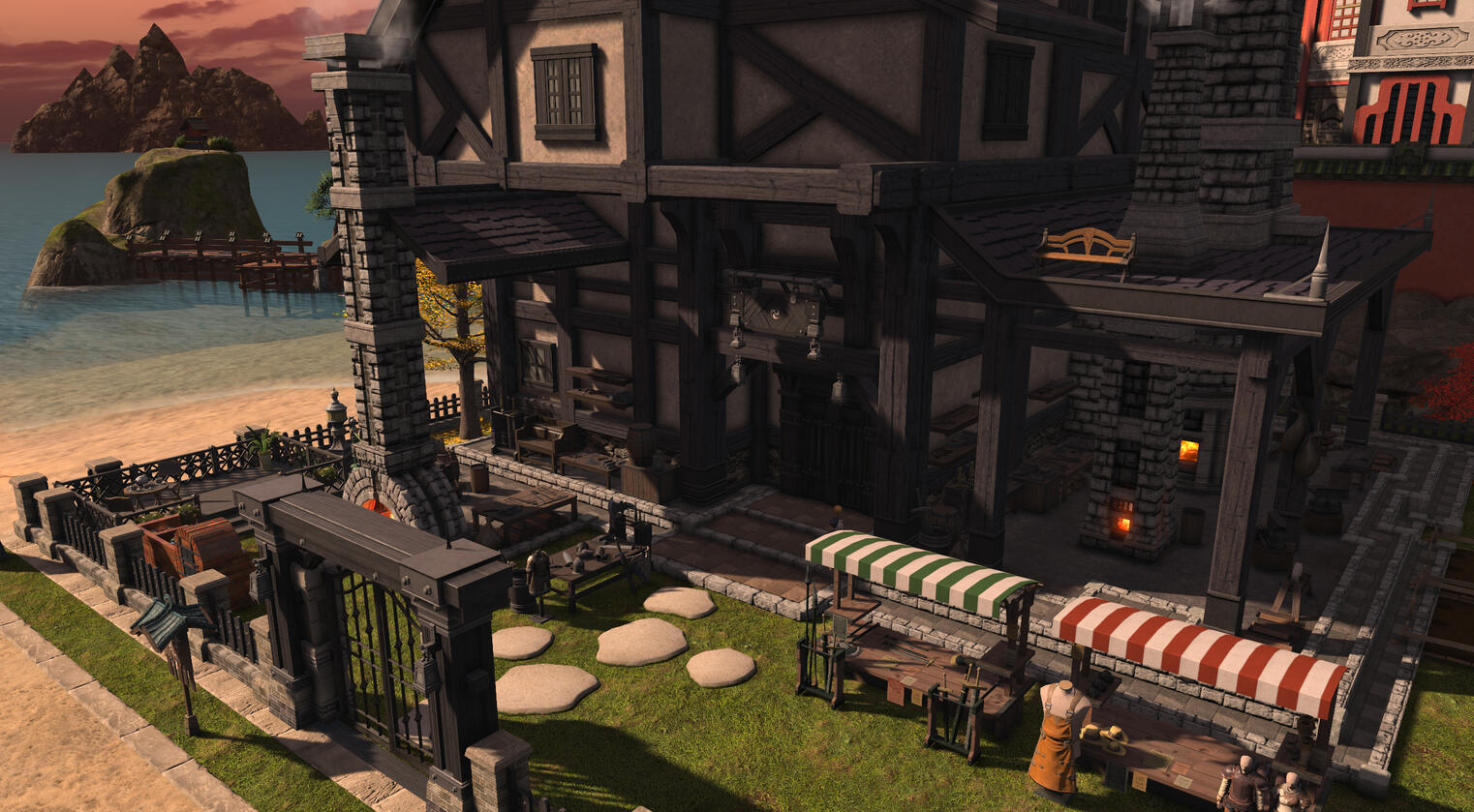 The courtyard of Melchior’s Forge with market stalls, anvils, and tools arranged around the main stone chimney.