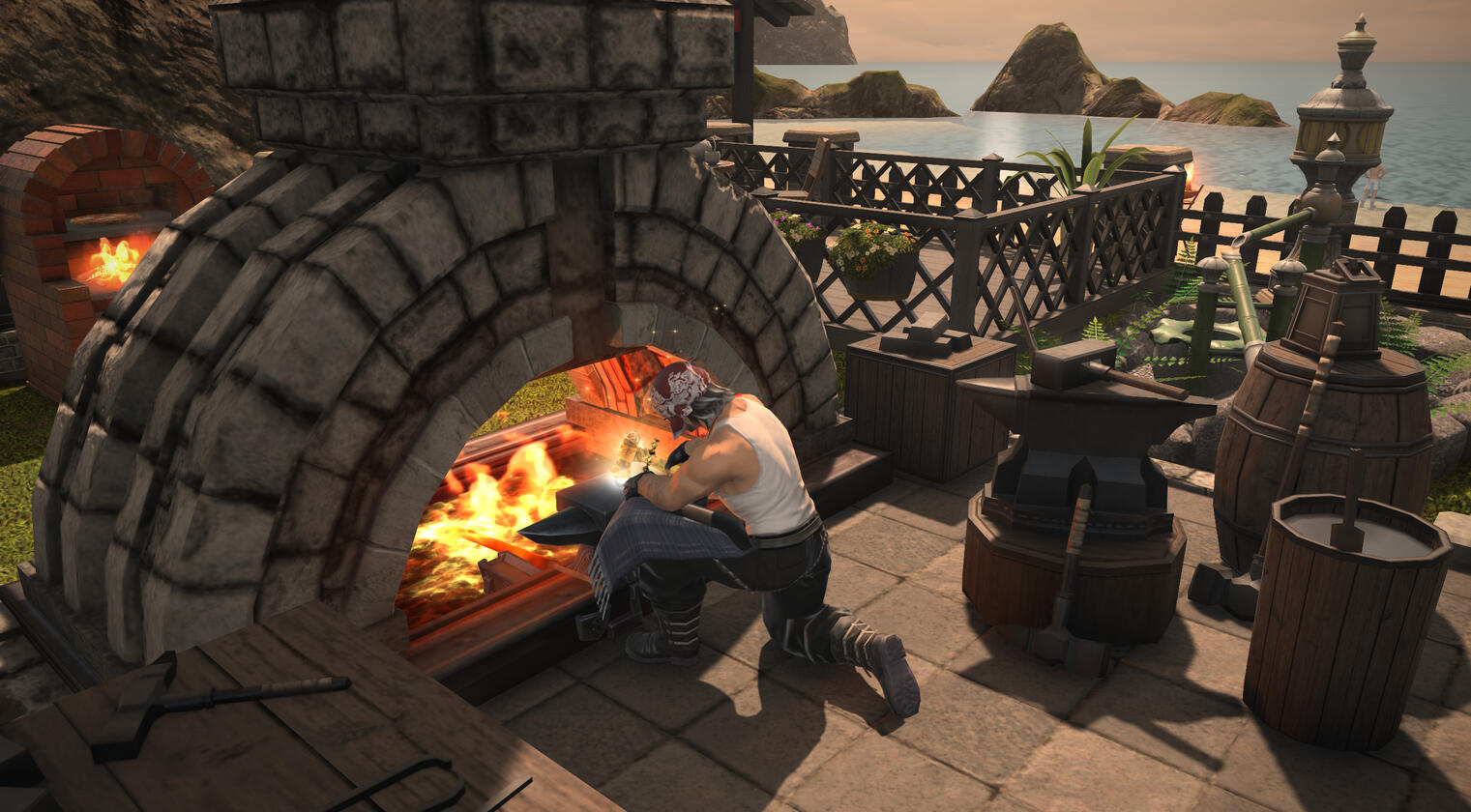 A blacksmith kneeling at an outdoor anvil before a roaring forge, hammering metal as the sunset reflects off the sea.