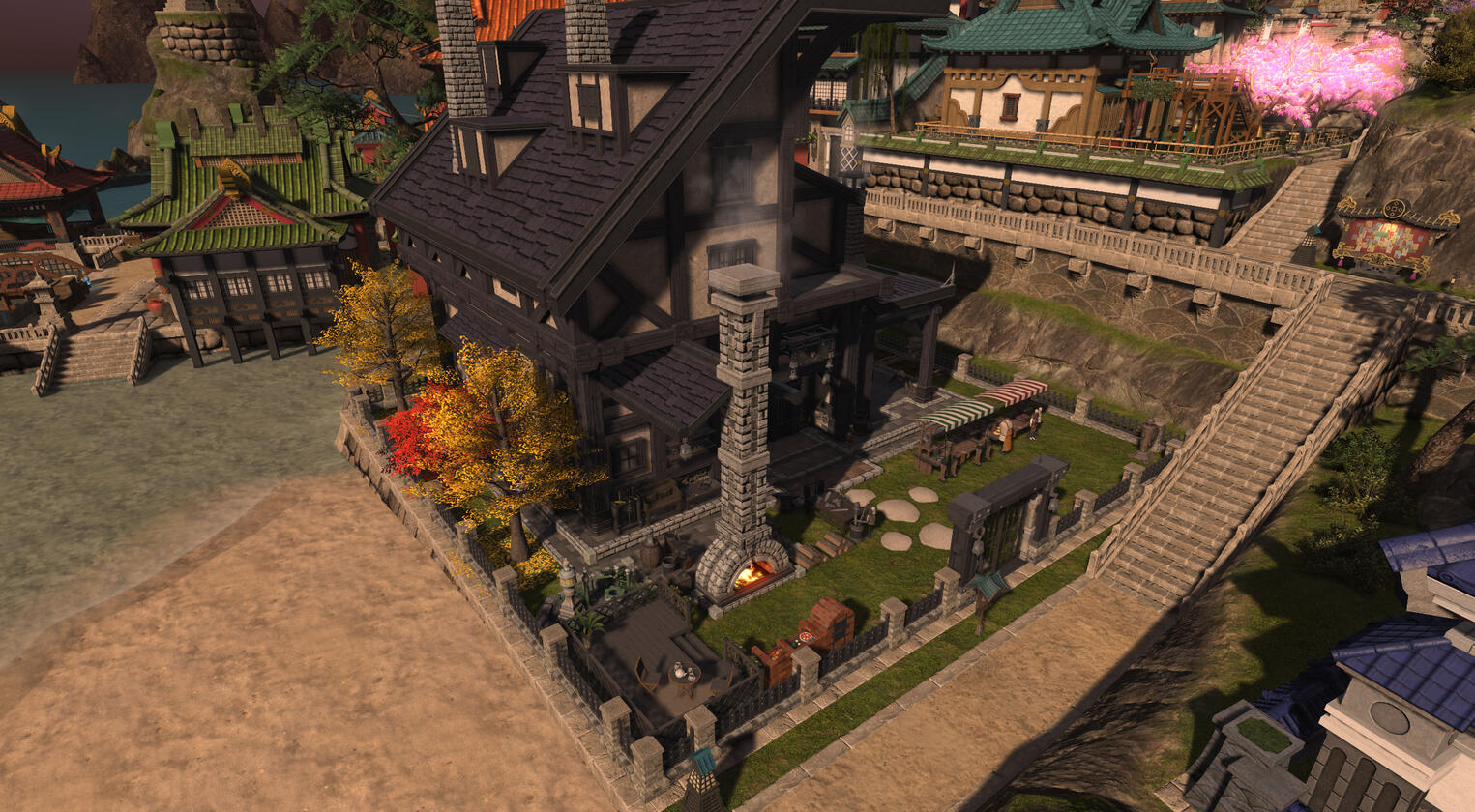 A view of Melchior’s Forge by the Ruby Sea, with the hearth chimney rising over the beachfront and market stalls set outside.