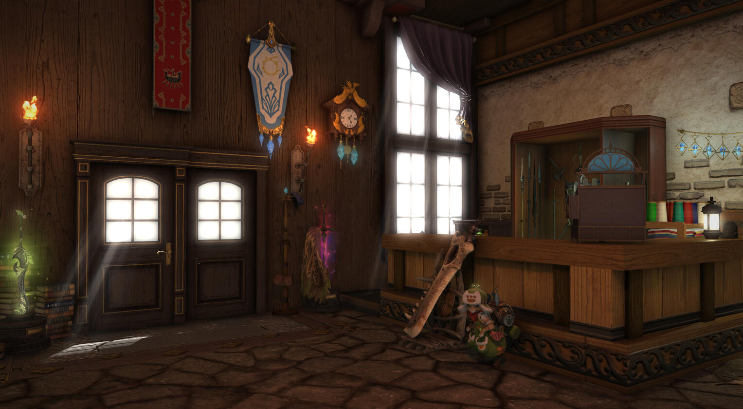 The interior of Melchior’s Forge showing the entryway, shelves, banners, and the counter illuminated by lamplight.