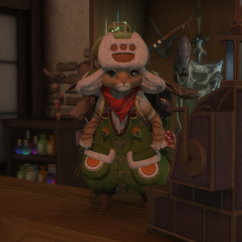 A bipedal cat standing on top of a counter, ready to help!